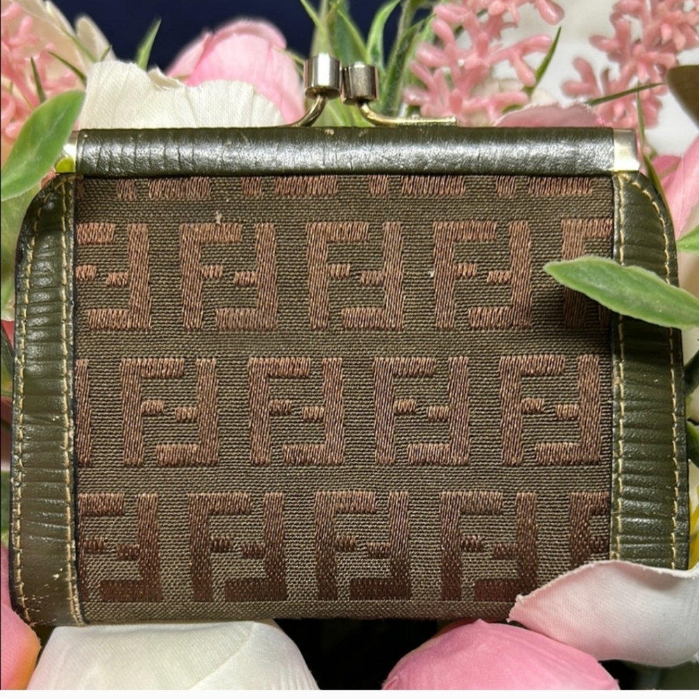Fendi Olive and Chocolate Monogram Kiss Lock Mini Clutch